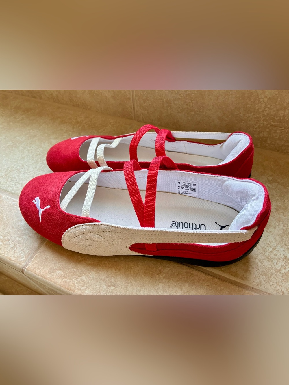 Puma Speedcat Red Ballet Flat Sneakers with White Accent Straps